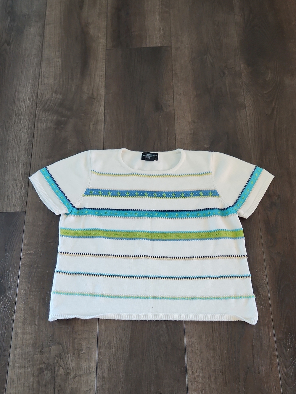 Requirements White Short-Sleeve Knit Top with Blue & Green Stripes Vintage